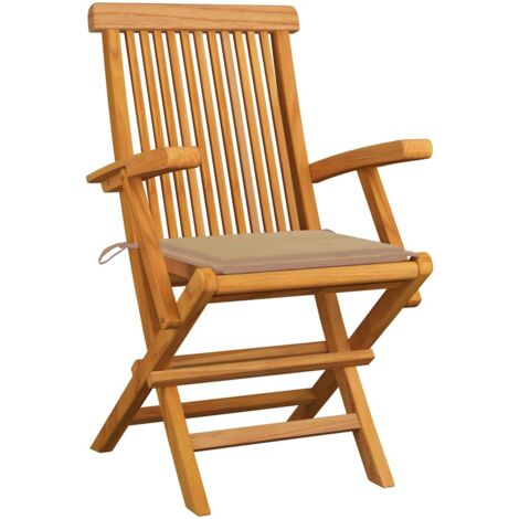 Lot de 4 Chaises de jardin et de camping avec coussins beige, Chaise de relaxation, Bois de teck massif OIB3289E