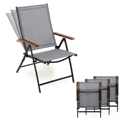 Lot de 4 Chaises de Jardin Extérieures, Chaise Pliante avec Dossier Ajustable à 5 Positions, Accoudoirs, Cadre en Métal, pour Jardin, Balcon, Gris