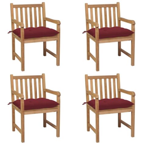 Lot de 4 Chaises de jardin  Fauteuils de Jardin avec coussins bordeaux Teck solide 88658