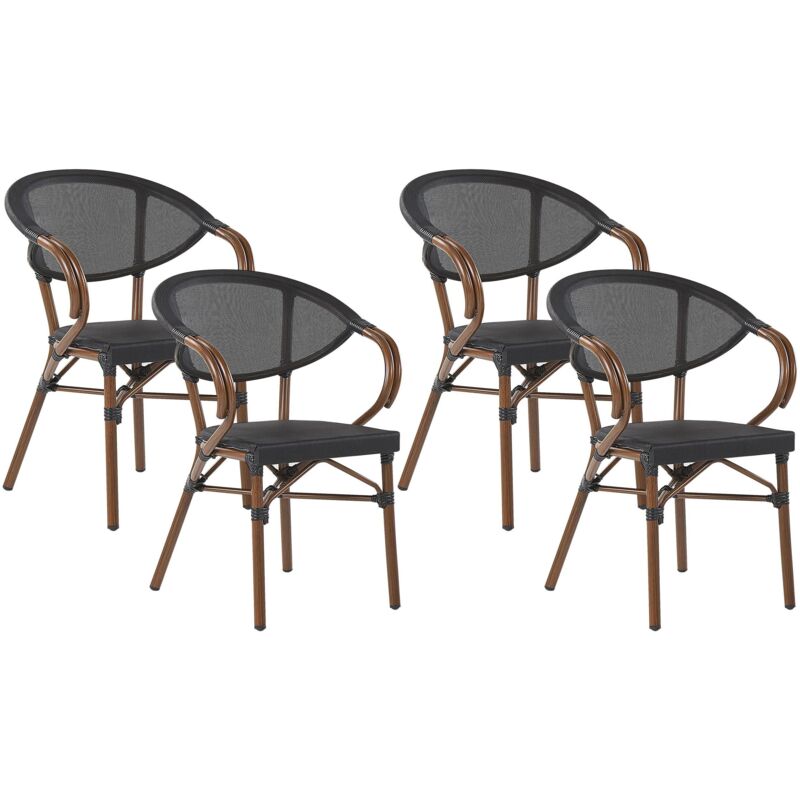 Lot 4 Chaises Petits Fauteuils de Jardin en Aluminum Effet Bois et Textile Noir Empilables Idéales pour Terrasse ou Balcon Moderne Beliani