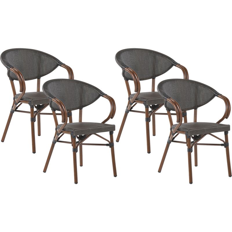 lot 4 chaises petits fauteuils de jardin en aluminum effet bois et textile gris empilables idéales pour terrasse ou balcon moderne beliani bois foncé