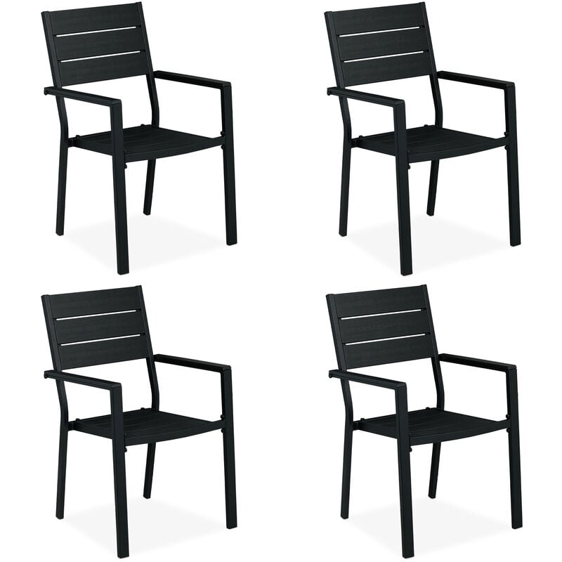 Lot de 4 chaises de jardin, HxLxP: 90 x 53,5 x 59 cm, accoudoirs, métal, mobilier d'extérieur moderne, noir - Relaxdays