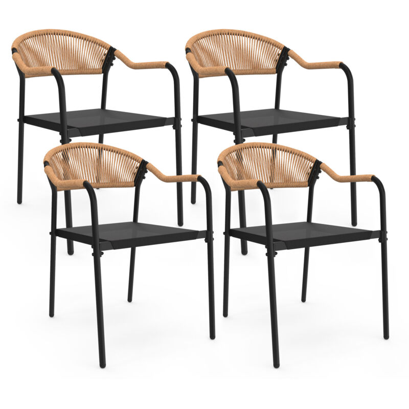 Lot de 4 chaises de jardin madeira métal, cordage et textilène noir et rotin clair