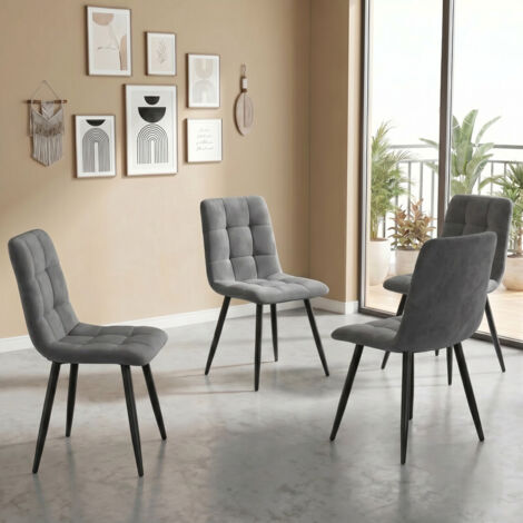 Lot de 4 chaises de salle à manger 86x46x44 cm, velours gris, capitonnées quadrillées, pieds métalliques noirs, design moderne