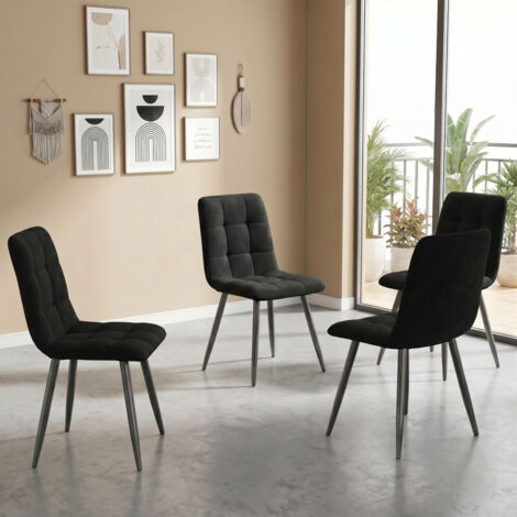 Lot de 4 chaises de salle à manger 86x46x44 cm, velours noir, capitonnées quadrillées, pieds métalliques noirs, design moderne