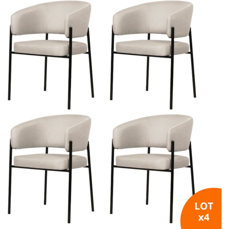 Secury-t - Lot de 4 chaises de salle à manger avec accoudoirs - tissus beige - pieds en métal noir - lou