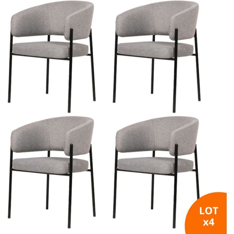 Secury-t - Lot de 4 chaises de salle à manger avec accoudoirs - tissus gris - pieds en métal noir - lou
