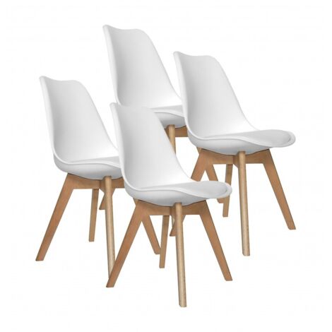 Lot de 4 Chaises de salle à manger avec coussin coloris blanc et pieds en bois - Longueur 42,5 x Hauteur 82,5 x Profondeur 42 cm