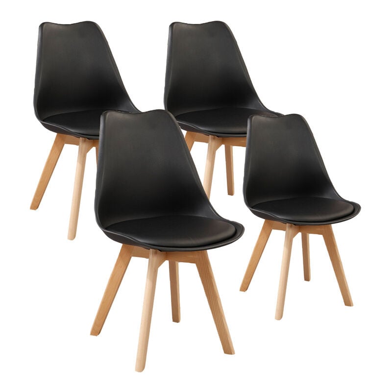 Wokaka - Lot de 4 chaises de salle a manger - Coussin de siège en cuir-Scandinave(Noir)