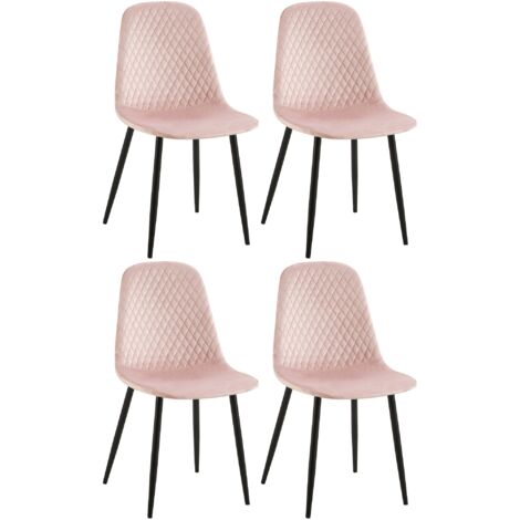 Lot de 4 chaises de salle à manger coutures décoratives losanges assise en velours rose pieds métal noir mat 100001881