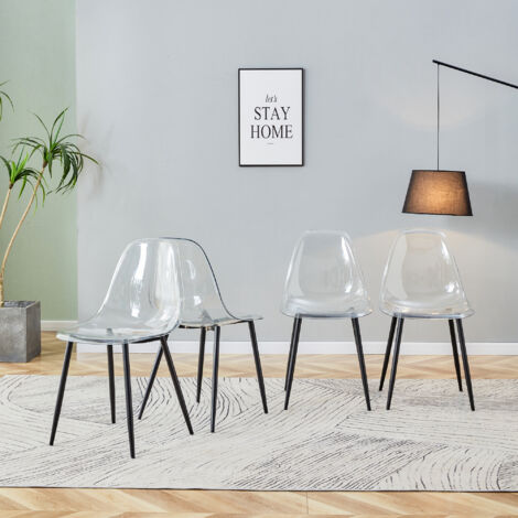 Lot de 4 chaises de salle à manger en plastique transparent,pieds métal noir,stables antidérapantes,faciles à nettoyer,pour intérieur moderne.