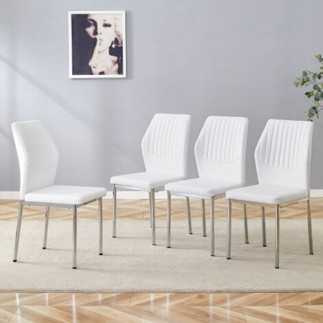 Lot de 4 chaises de salle à manger en similicuir et métal avec dossier et pieds en métal, blanc et argenté