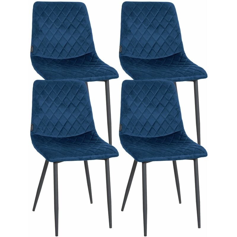 décoshop26 - lot de 4 chaises de salle à manger en tissu velours bleu pieds métal noir couture losange