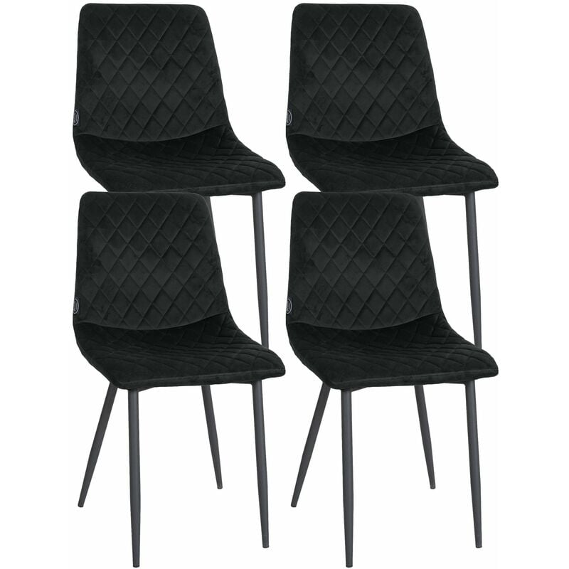 Décoshop26 - Lot de 4 chaises de salle à manger en tissu velours noir pieds métal noir couture losange CDS10423