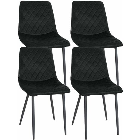 Lot de 4 chaises de salle à manger en tissu velours noir pieds métal noir couture losange CDS10423
