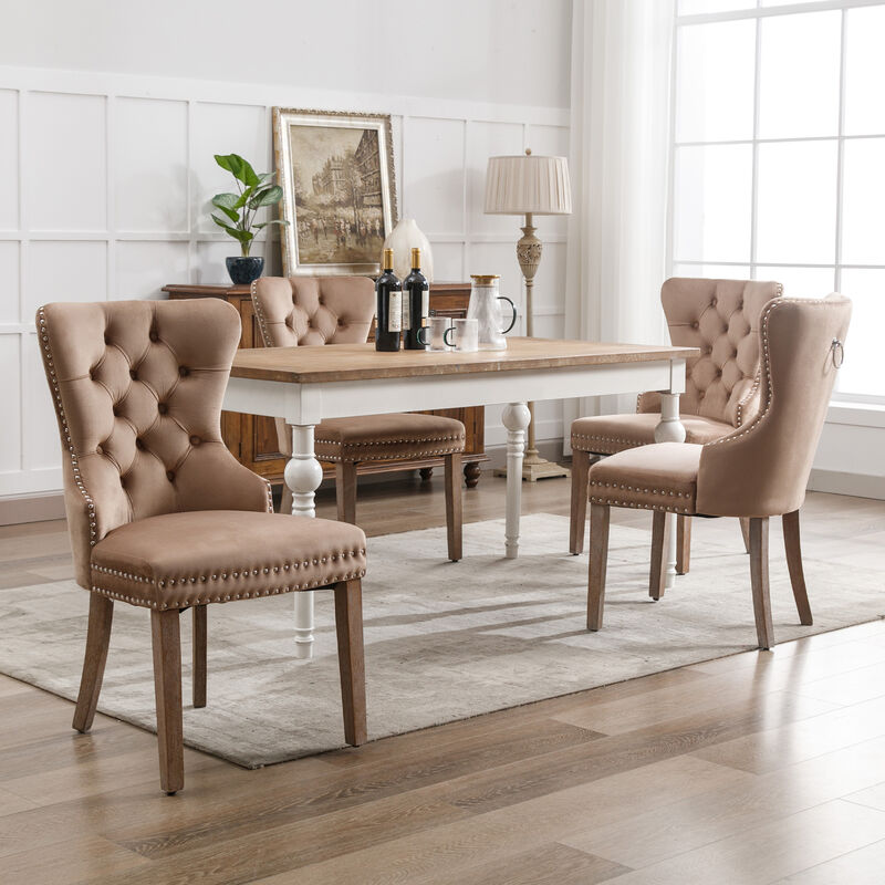 Modernluxe - Lot de 4 chaises en velours - pieds en bois massif - naturel