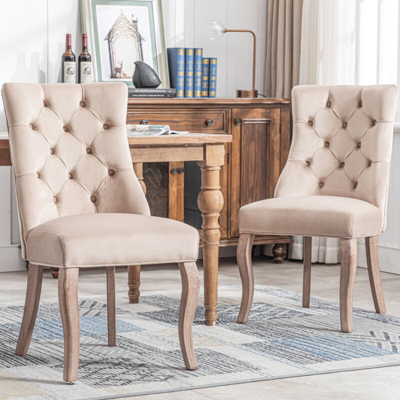 Modernluxe - Lot de 2 Chaises capitonnées en velours avec pieds en bois massif - Beige