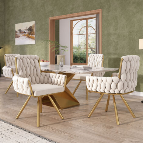 Lot de 4 chaises de salle à manger en velours, pivotantes à 360 degrés, avec quatre pieds en métal doré, beige