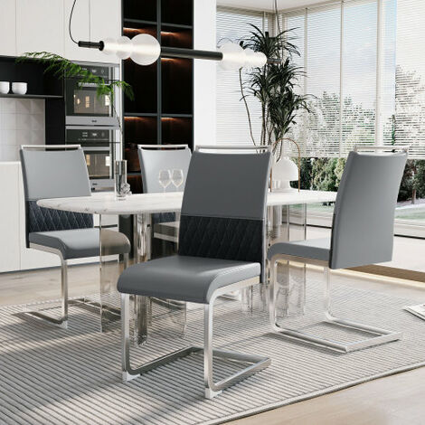 Lot de 4 chaises de salle à manger modernes, dossier en simili cuir PU et lin, chaise d'appoint rembourrée à dossier haut, gris