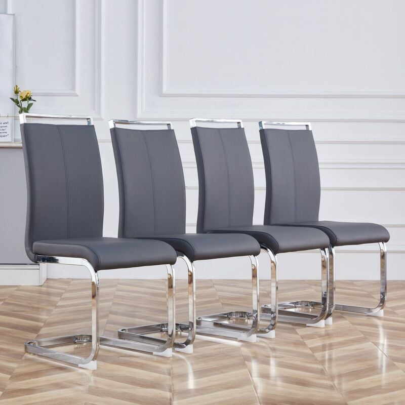 Chaise de salon modernes, structure en métal chromé, chaise de bureau pour invités, revêtement en simili cuir, 4 Pcs, gris