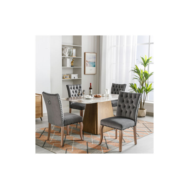 Liberté - Lot de 4 Chaises de salle à manger rembourrée avec garniture tête de clou, pieds en bois massif, revêtement en velours, gris