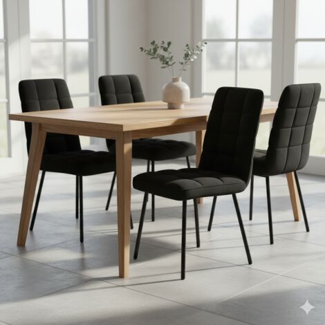 Lot de 4 Chaises de Salle à Manger Rembourrées en Velours Noir - Design Ergonomique & Pieds Métal Noir