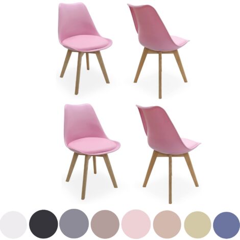 Lot de 4 chaises de salle à manger rétro – Rembourrées en similicuir – Coque en polypropylène – Pieds en bois massif – Rose – Pn Home