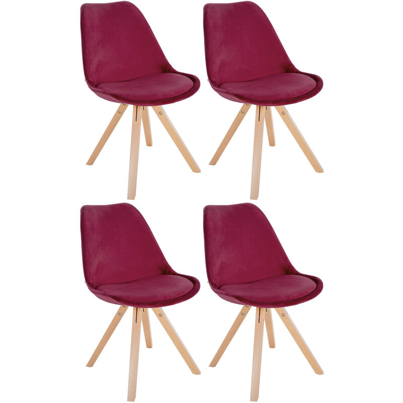 CLP - Lot de 4 chaises de salle à manger Sofia en velours Pieds en bois Bordeaux Nature (carré)