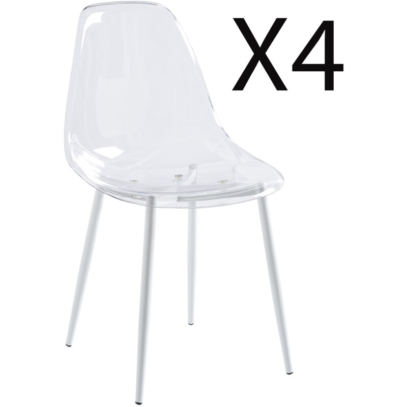 Lot de 4 chaises de salle à manger transparentes avec pieds coloris blanc - Longueur 46,5 x profondeur 50 x hauteur 85 cm
