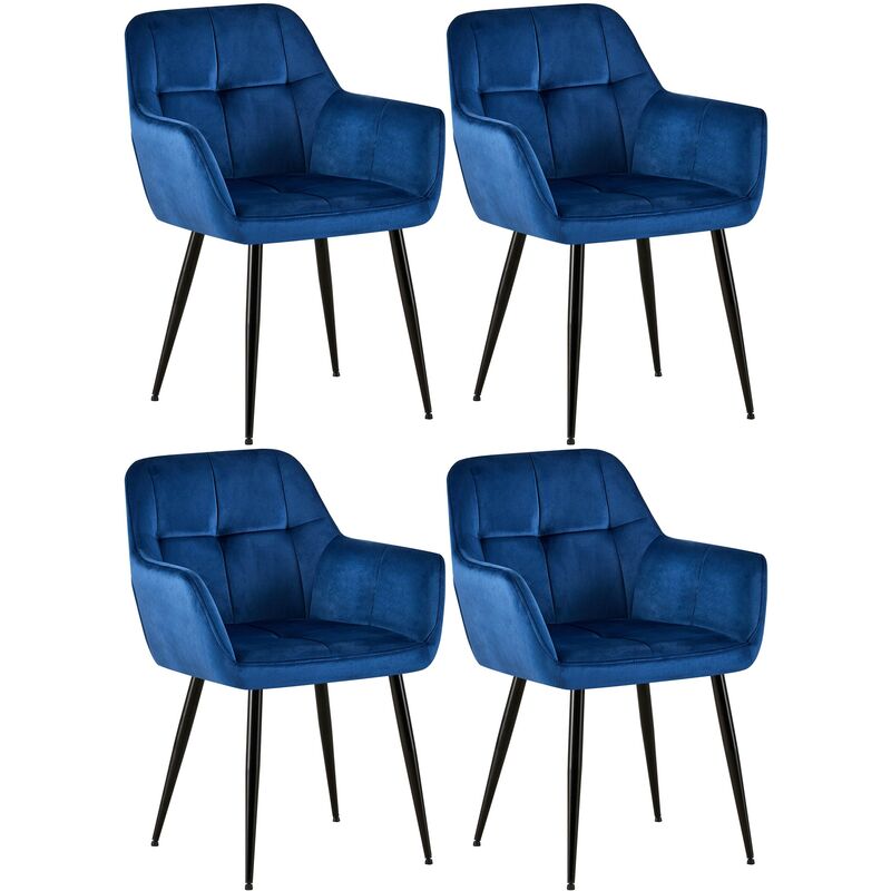 CLP - Lot de 4 Chaises de salle à manger Emia en Velours avec Piètement en Métal noir Bleu Velours