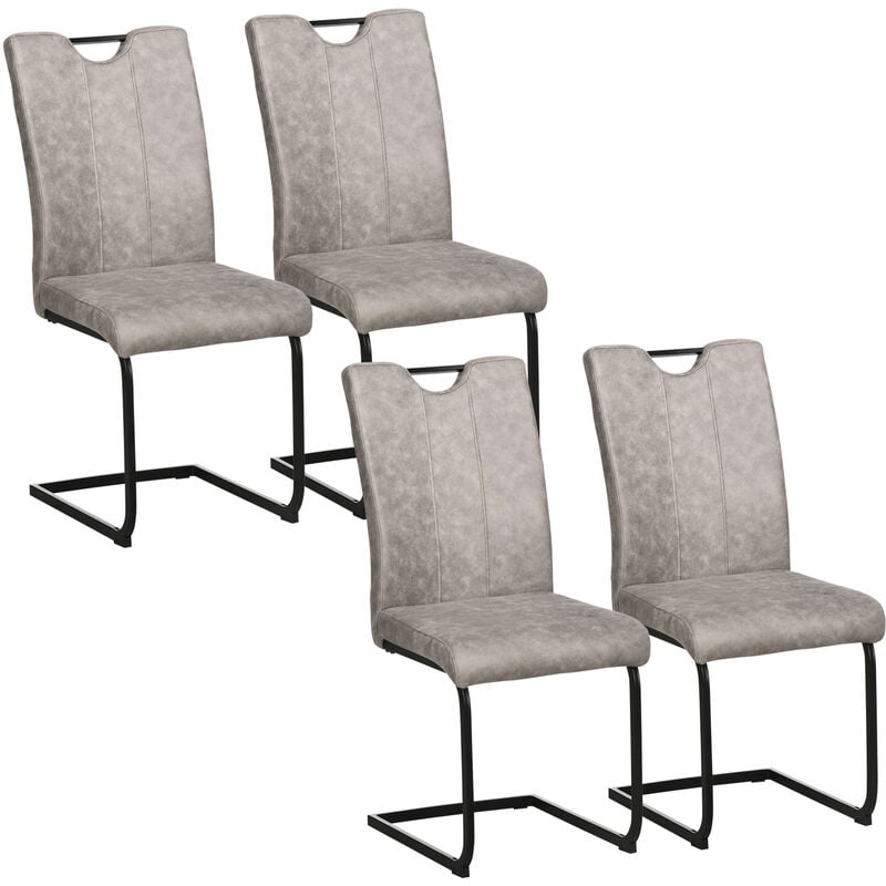 Homcom - Lot de 4 chaises de salon design cantilever piètement luge acier noir revêtement microfibre gris