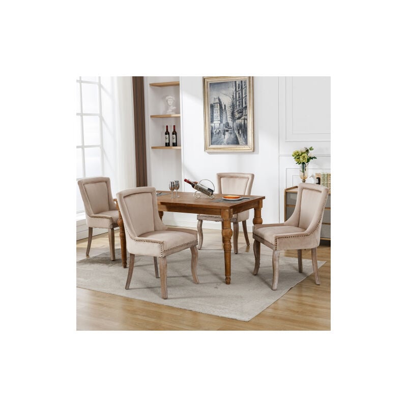 Liberté - Lot de 4 Chaises de salon luxueuse rembourrée avec garniture cloutée, pieds en bois massif, revêtement en velours, beige