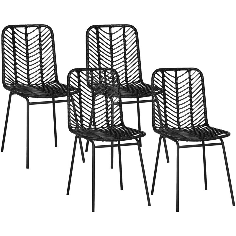 Homcom - Lot de 4 chaises de salon style colonial piètement acier résine tressée aspect rotin noir