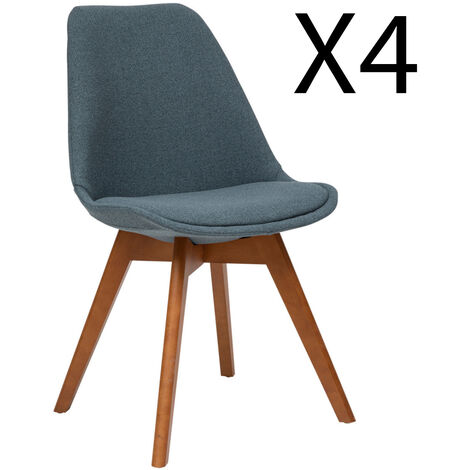 Lot de 4 chaises de table en tissu polyester coloris bleu, pieds en bois foncé - Longueur 48 x Profondeur 55.2 x Hauteur 79.5 cm -PEGANE-