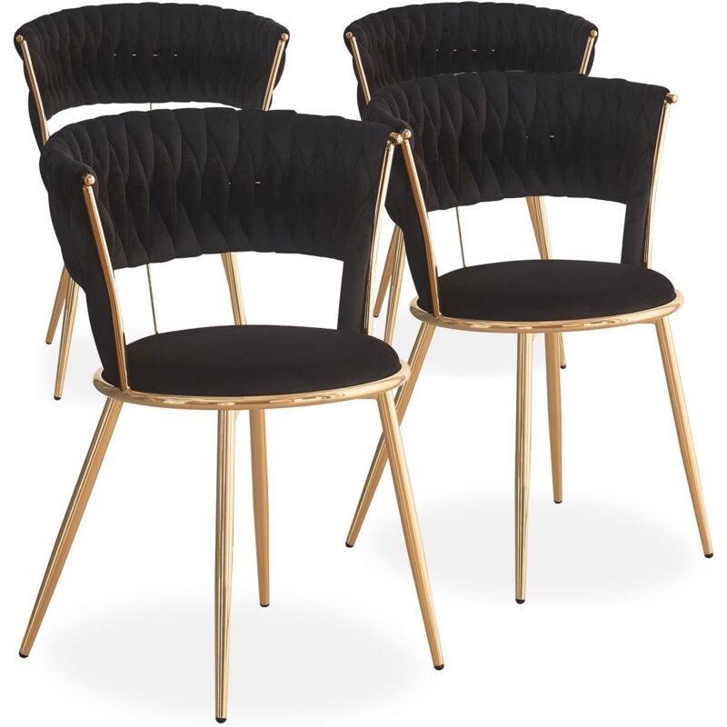 Cotecosy - Lot de 4 chaises design au dossier arrondi style maillage Varadian Velours Noir et Métal Or
