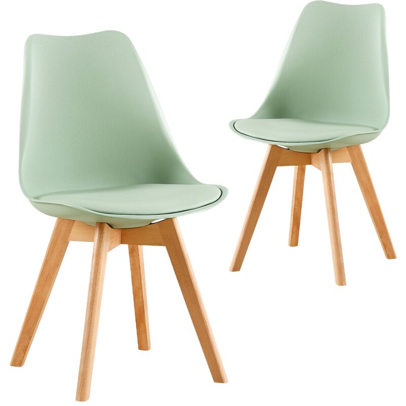 Eggree – Lot de 2 chaises de cuisine rétro rembourrées – Pieds en bois de hêtre massif – Dossier ergonomique – Couleur glace verte
