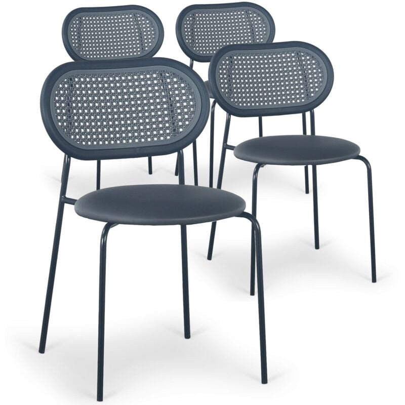 Cotecosy - Lot de 4 chaises empilables effet cannage Bertille Métal Noir et Simili Gris