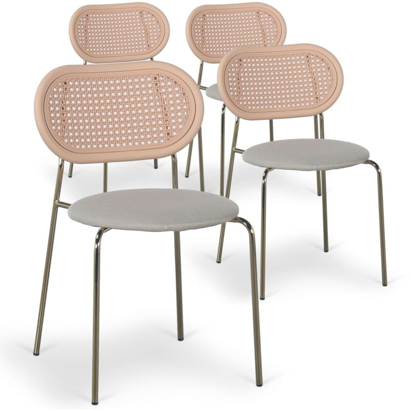 Lot de 4 chaises empilables effet cannage Bertille Métal Or et Tissu Beige