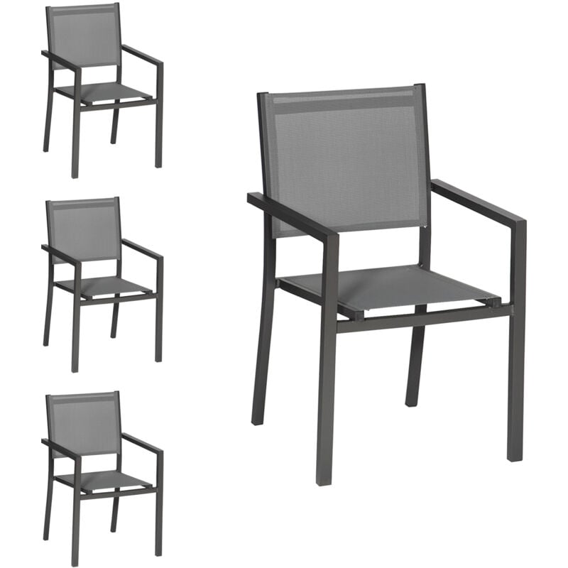 Happy Garden - Lot de 4 chaises en aluminium anthracite - textilène gris