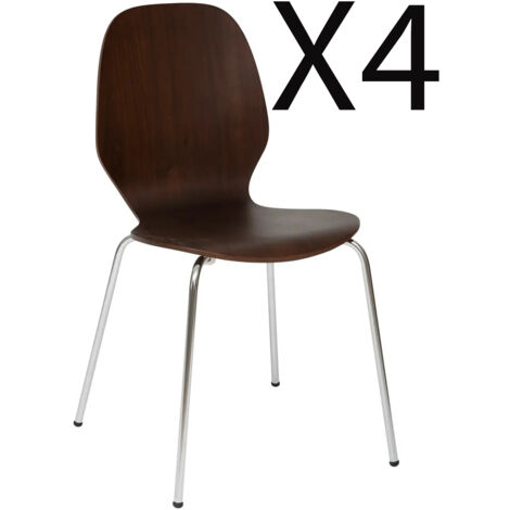 Lot de 4 chaises en bois coloris noyer et pieds en métal argenté - Longueur 49 x Profondeur 54 x Hauteur 82 cm