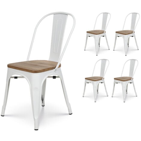 Lot de 4 chaises en métal blanc mat et assise en bois clair - Style industriel