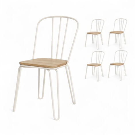 Lot de 4 chaises en métal blanc mat style industriel et assise en bois clair – Pieds en épingle