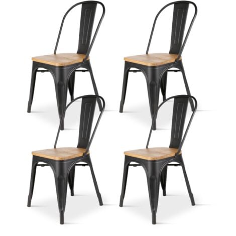 Lot de 4 chaises en métal noir mat et assise en bois clair - Style industriel