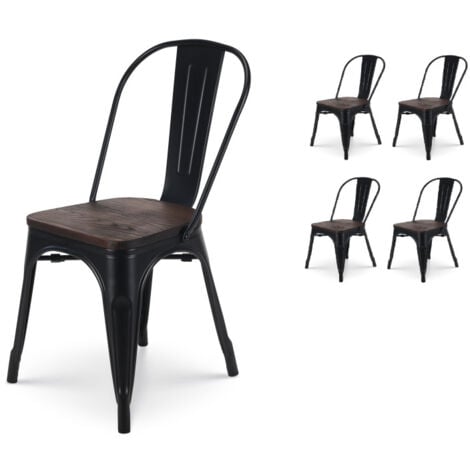 KOSMI Lot de 4 chaises en métal noir mat et assise en bois foncé - Style industriel