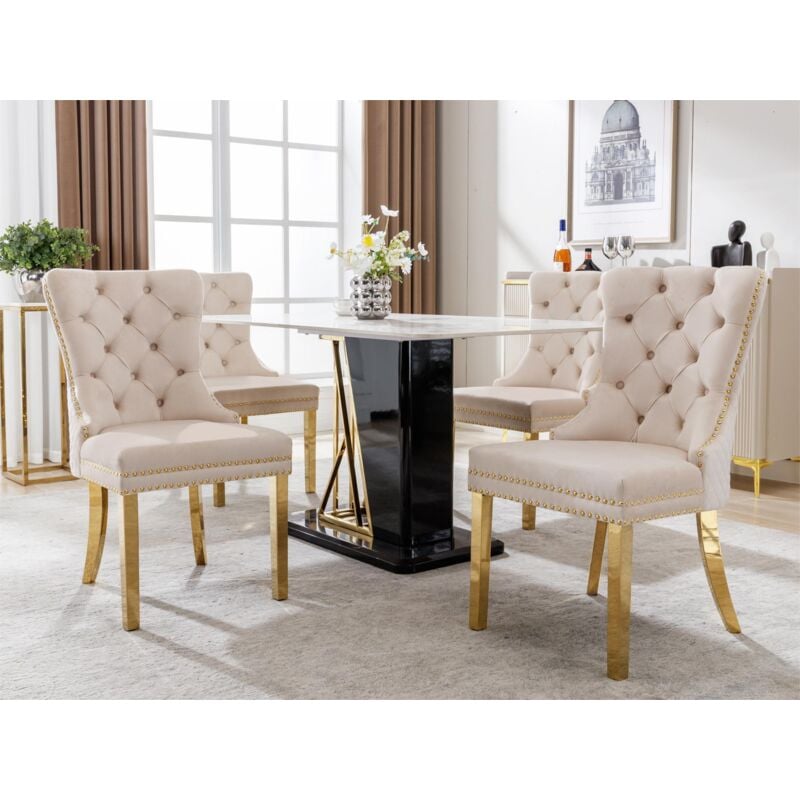 Modernluxe - Lot de 4 chaises en velours avec pieds métallique - Beige