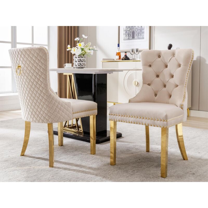 Modernluxe - Lot de 2 chaises en velours avec pieds métallique - Beige