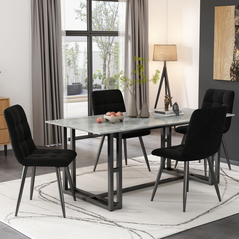 Lot de 4 chaises en velours noir – Chaises de salle à manger ergonomiques – Design damier – Pieds en fer forgé inoxydable – Dimensions 66x45x71 cm –