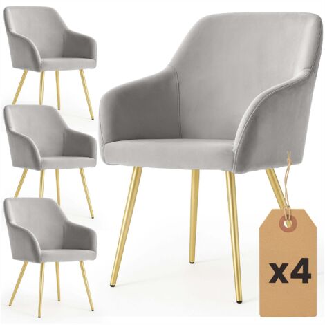 Lot de 4 Chaises en velours lisses ESTELLE Gris pieds dorés
