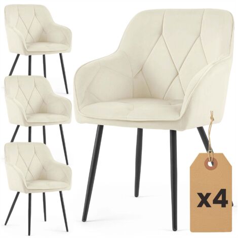 Lot de 4 Chaises en velours matelassées DIAMANTE Crème pieds noirs