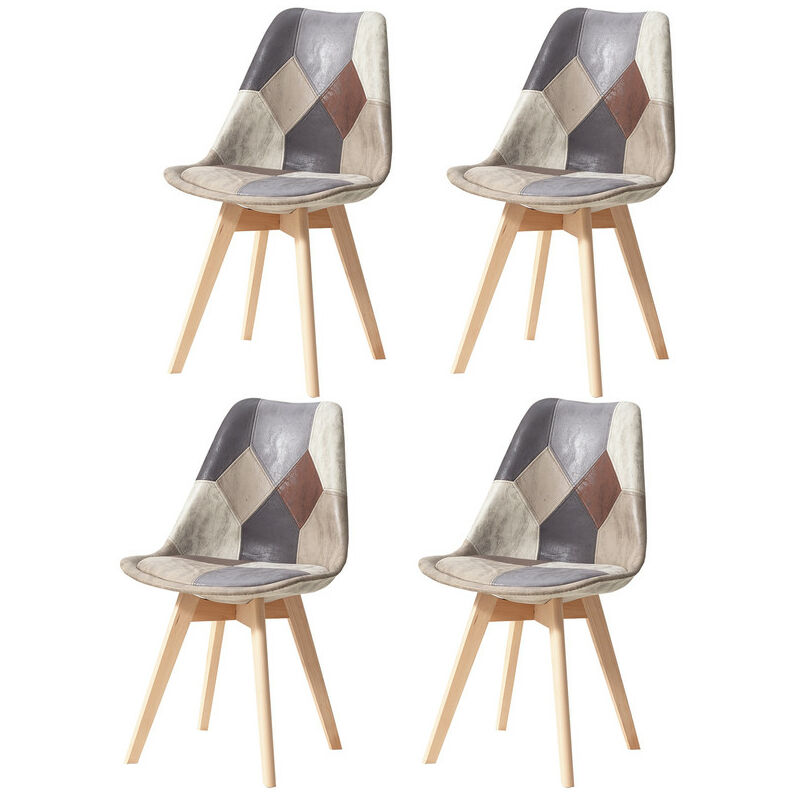 Wokaka - Lot de 4 Chaises - Lin - Pieds en Hêtre Massif - Chaises Rembourrées Design Vintage Patchwork Multicolore(Gris)